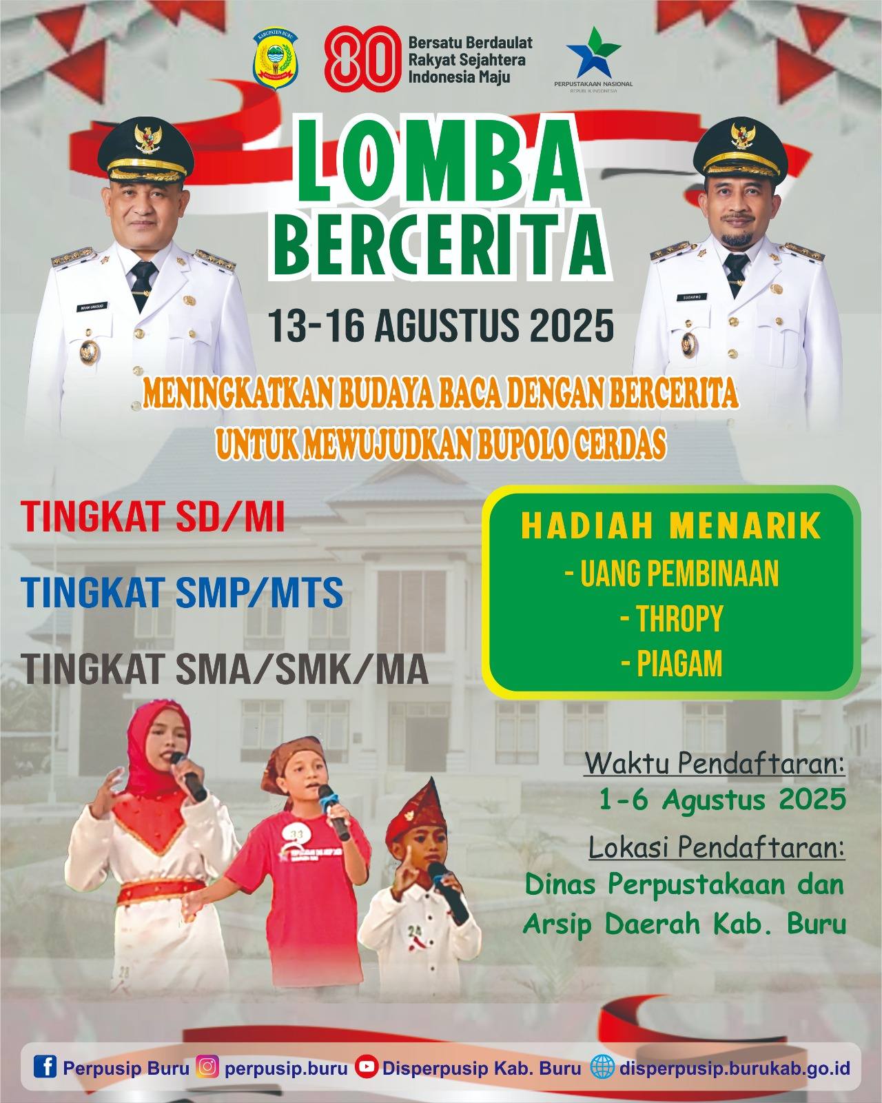 Lomba Bercerita Tingkat SD, SMP, & SMA Digelar Perpusip Buru Sambut HUT RI Ke-80